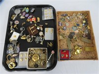 2 TRAYS ASSORTED PINS, CUFFLINKS, KEY CHAINS, ETC