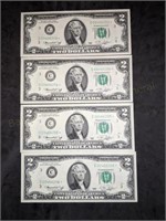 4 Consecutive Serial Number $2 Star Notes