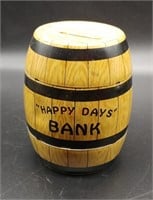 VINTAGE TIN "HAPPY DAYS BANK"  BARREL