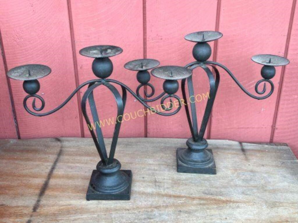 Pair of scrolled iron candlabras