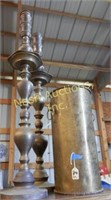 brass umbrella stand & 2 large brass candlesticks