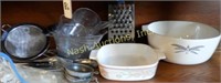 shelf w/ Corningware, Anchor Hocking, egg cups,