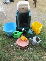 gardening cart, water cans, buckets