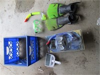 snorkel gear in blue crate