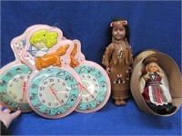 3 vintage plastic quartz wall clocks -native amer.