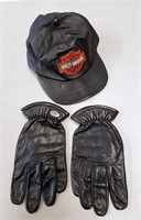 Harley Davidson Black Leather Cap and Gloves