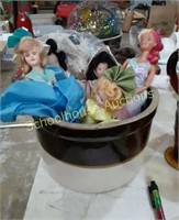 Brown& Tan Crock with 7 Vintage Dolls