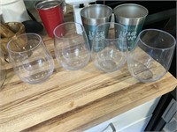 Plastic wine tumblers, metal cups, pampered chef