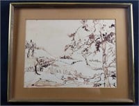 Vintage Asian Original Ink Wash Field With Trees