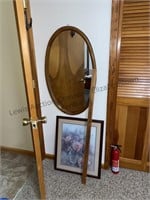 Oval mirror and framed picture