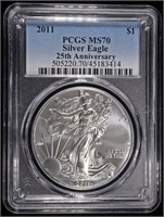 2011 AMERICAN SILVER EAGLE PCGS MS70 25TH ANNIV