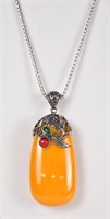An Amber Pendant with Silver Mount & Necklace