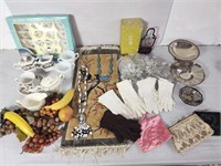 Vtg misc items, plates cups, Chinese silk rug,