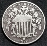 1867 w/Rays Shield Nickel