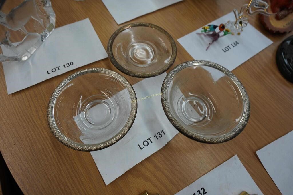 3-etched glass bowls with sterlig silver rims