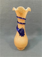Hand Blown Vase 9" T, 3.5" W. Ruffle edge, blue