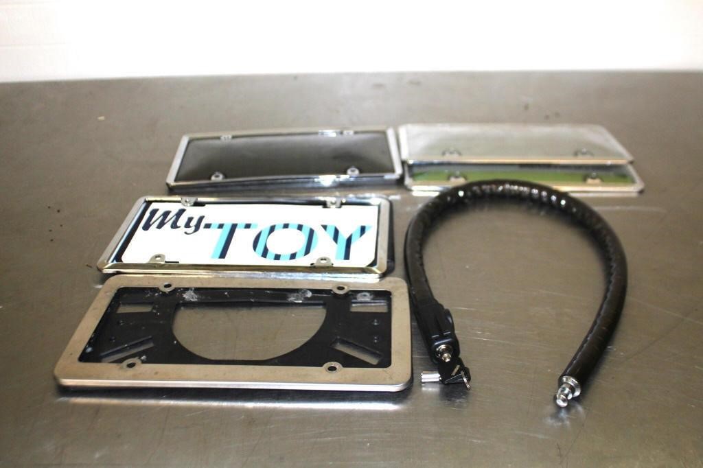 License plate covers and bicycle wheel lock