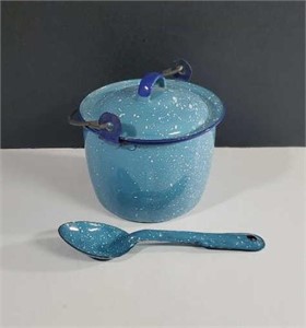 Vintage Blue and White Speckled Enamelware Pot