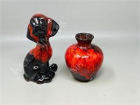 pottery dog & vase - reddish brown