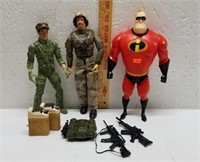 3 12in Action Figures with Weapons  etc