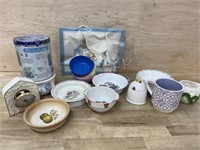 Box of glassware and dishes/  Peter Rabbit bowls