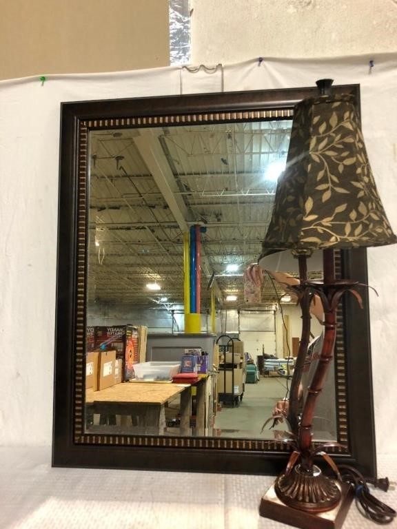 Framed Mirror and Lamp