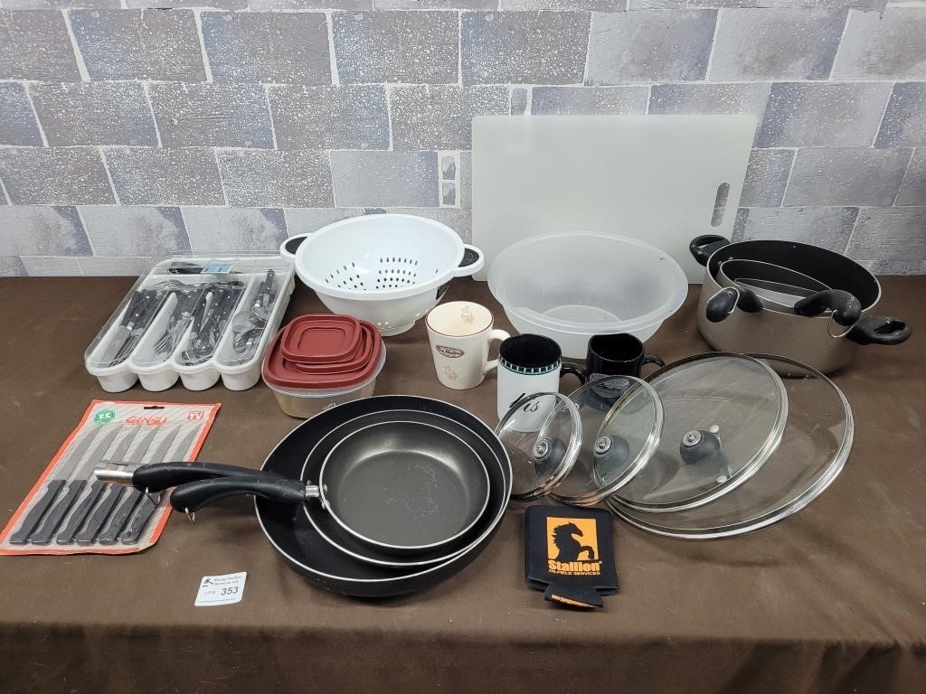 Pots, pans, kitchen knives, utensils, etc