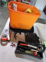 orange tote,tools & misc items