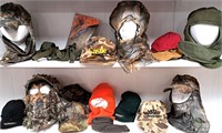 2 SHELVES ASSORTED CAMO HATS FACE COVERINGS LOT