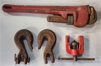 Tool Lot-Pipe Wrench 14" 2 Hooks and Flare Tool
