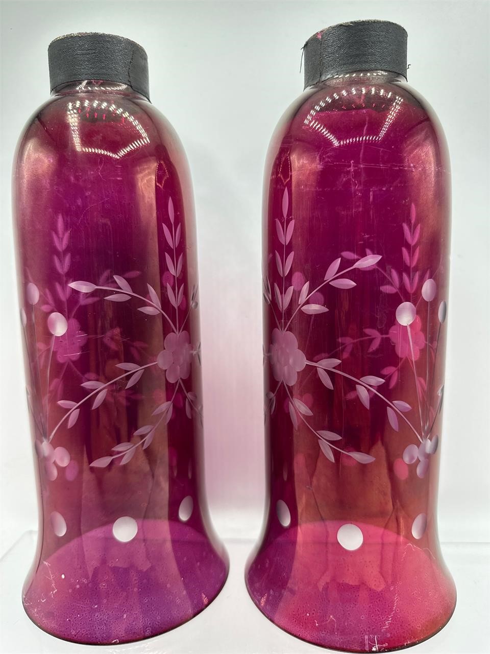 Etched Cranberry hurricane glass shades