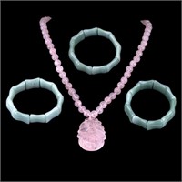 Rose Quartz Necklace, 3 Jade Bracelets