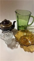 Lot of Glassware Carnival Glass / Green / Teapot