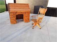 Oak Roll Top Desk & Chair
