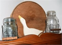(2) Covered fruit jars, wooden cheese box, wo
