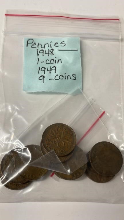 10 1948 & 1949 Canadian Pennies