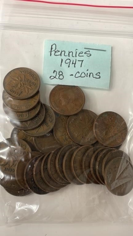 28 1947 Canadian Pennies