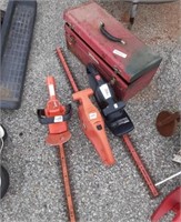 Group of four garage tools three hedge clippers