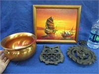 2 old trivets -small boat painting -copper bowl