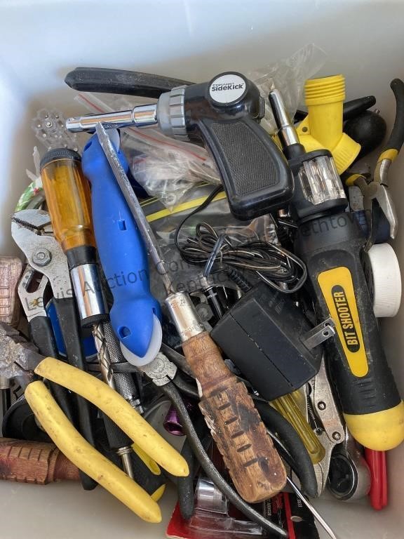 Box of miscellaneous tools, screwdrivers, and