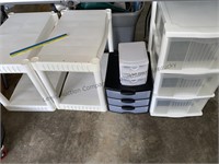Plastic shelves, plastic storage drawers