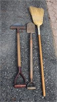 Corn broom, edger, small shovel