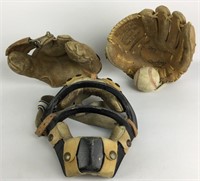 Vintage Baseball Gloves (2) & Catcher's Mask