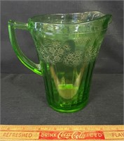 PRETTY GREEN PATTERNED DEPRESSION GLASS PITCHER