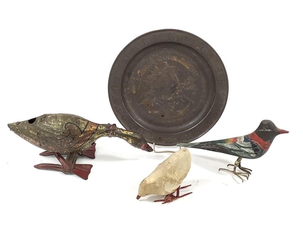 3 Birds Tin, Paper Mache, Wood + Cock Robin Plate