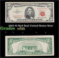 1963 $5 Red Seal United States Note Grades vf++