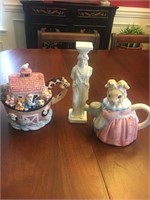 LOT ALABASTER STATUE AND 2 TEAPOTS WITH LIDS