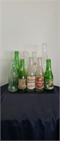 9 vintage glass soda bottles - Mountain Dew, Red