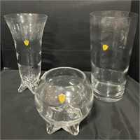 3 Pice Tiffin Glass Vases & Footed Bowls.