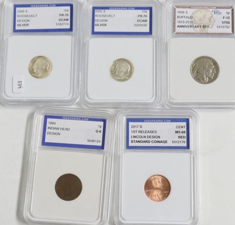 5// MIXED IGS GRADED COINS